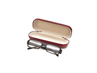 Black glasses with case, isolated on white background