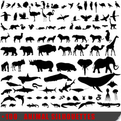 Set of 100 very detailed animal silhouettes