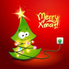 Christmas tree wrapped by a glowing garland. Vector illustration