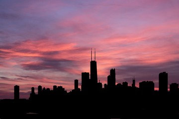 Chicago Skyline at sunset with beautiful sky illustration