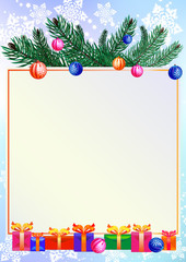 Christmas background with gifts and branch of pine
