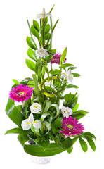Bright flower bouquet in basket isolated over white background