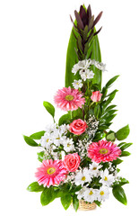 Bright flower bouquet in basket isolated over white background