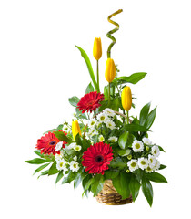 Bright flower bouquet in basket isolated over white background