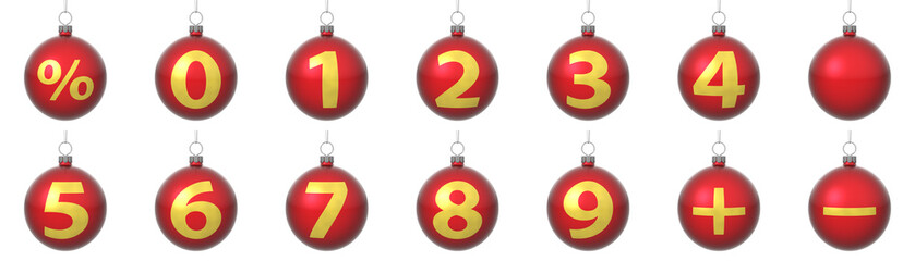 Set of red Christmas balls with golden numbers