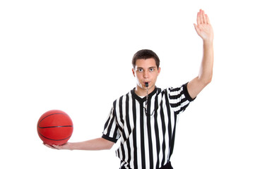 Teen basketball referee giving inbound pass sign
