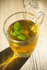 mint tea and mint leaf,wooden table