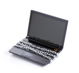 Open laptop security whit chain isolated