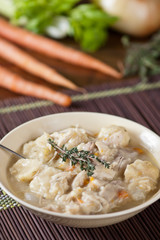 Chicken and dumplings with carrots, lettuce and onion