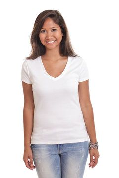 Young Asian Woman Wearing Blank White Tshirt