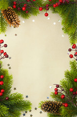Fototapeta na wymiar christmas vintage frame with fir and Holly berry