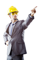 Man with hard hat on white