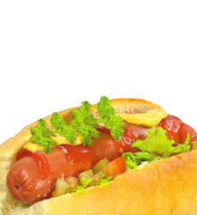 Delicious hot dog with mustard, ketchup and lettuce over white
