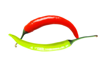 green and red hot chilly peppers isolated on white