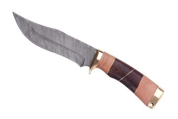 Knife with wooden handle made ??of Damascus steel on a white bac