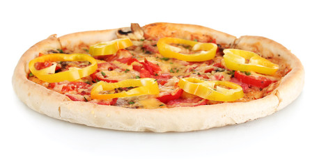 delicious pizza with sausage and vegetables isolated on white