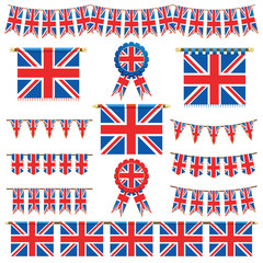 Set of vector clipart United Kingdom union jack banners, bunting and rosettes isolated on white