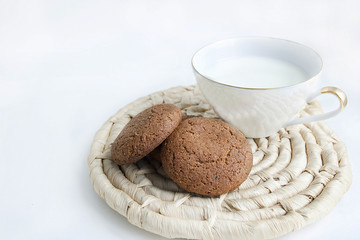 Tasty chip cookies with cup of milk