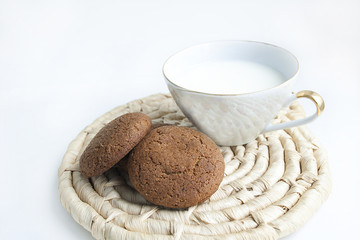 Tasty chip cookies with cup of milk