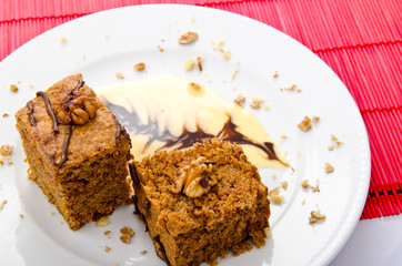 Cake with sweet sauce in plate