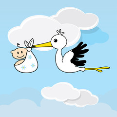 Cute stork carrying baby in a white cloth