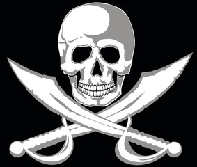 Skull and two pirate swords on black. Vector. Separate layers.
