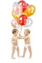 Fototapeta na wymiar Small children present colorful balloons over white background