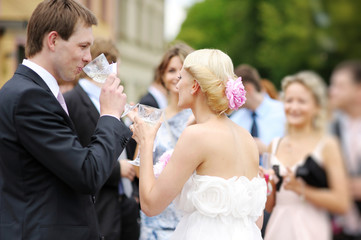 Beautiful bride and groom drinking champagne