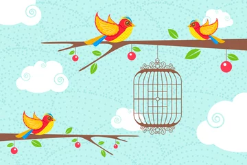 Crédence de cuisine en verre imprimé Oiseaux en cages Oiseaux mignons assis sur l& 39 arbre