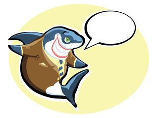 Cartoon shark in the suit with speech bubble.