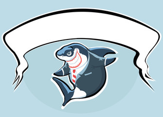 Cartoon smiling shark in the suit with copy space.