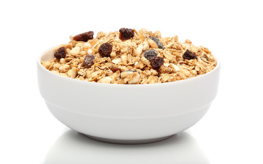 Granola breakfast on a bowl over white background