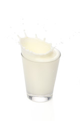 Milk splah on a glass, over white background