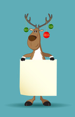 Reindeer with christmas balls on its antlers holding a paper
