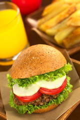 Vegetarian lentil burger in wholewheat bun with fries