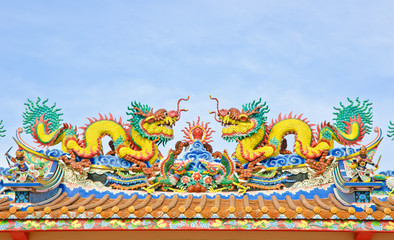 Twin dragons on Chinese temple roof