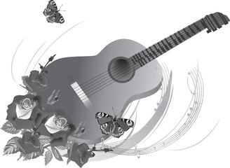 grey guitar in rose flowers