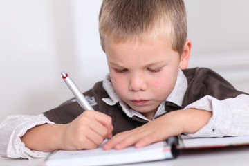 Portrait of little boy doing homework