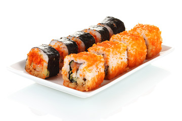delicious sushi on plate isolated on white