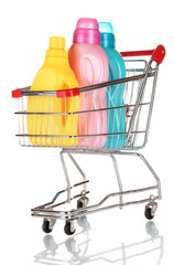 Shopping cart and detergent isolated on white