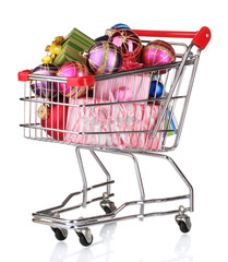 Beautiful bright Christmas balls and gifts in the cart isolated
