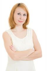 The woman in white dress on a white background.