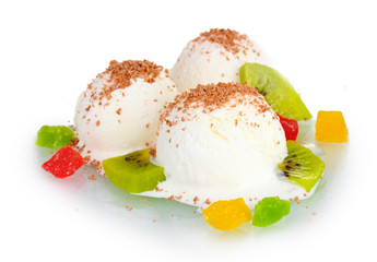 delicious vanilla ice cream with chocolate and fruits isolated