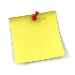 Yellow note and red push pin on white background with shadow