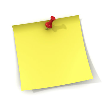 Yellow Note And Red Push Pin On White Background With Shadow