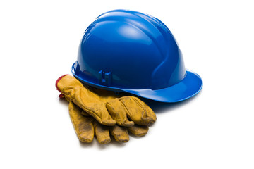 blue hardhat and leather working gloves