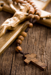 Wooden rosary beads and crucifix
