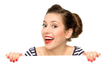 Pin-up girl holding blank poster