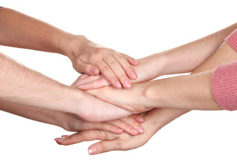 group of young people's hands isolated on white