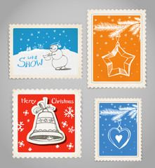 Vintage color post stamps collection. Christmas greetings.